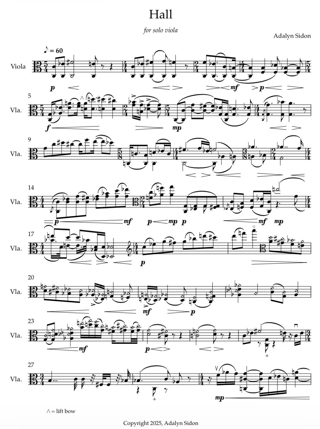 Sheet music titled 'Hall' for solo viola by Adalyn Sidon, with musical notes, dynamics, and instructions for playing.