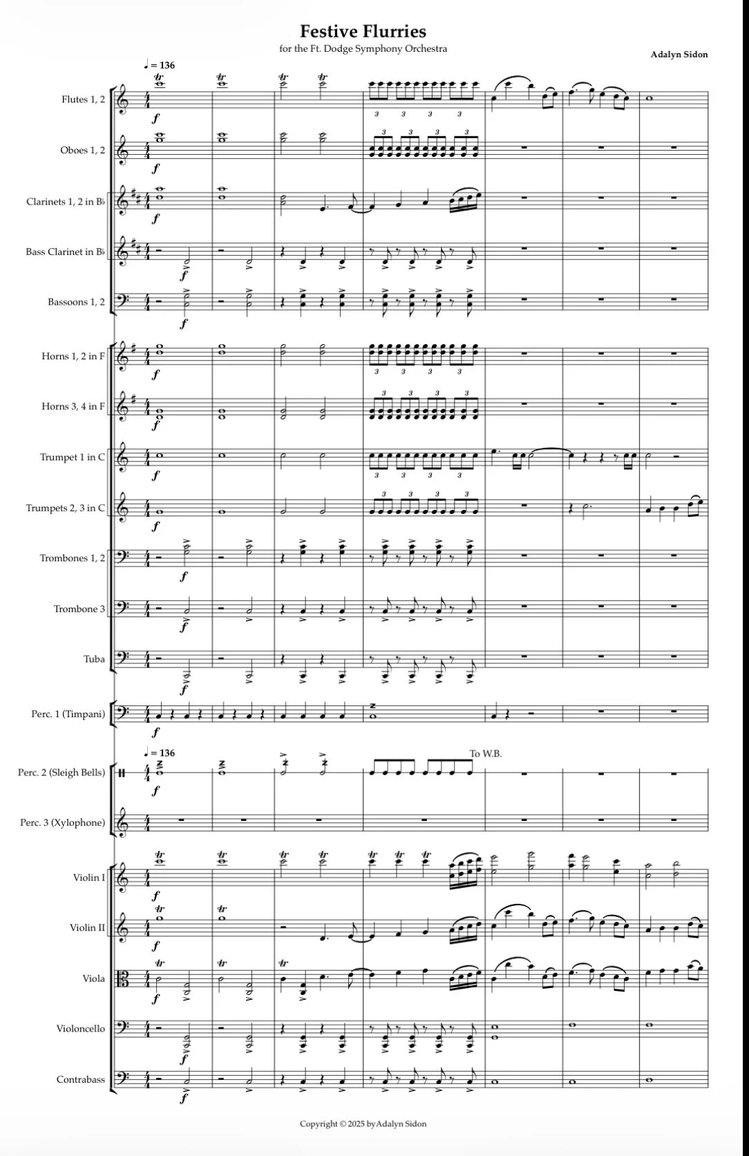 Sheet music titled 'Festive Flurries' performed by the Ft. Dodge Symphony Orchestra, composed by Adalyn Sidon.