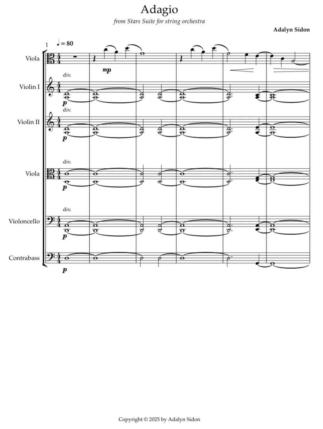 Sheet music titled 'Adagio' from 'Stars Suite for string orchestra' by Adalyn Sidon, showing notation for violas, violins I and II, violoncello, and contrabass.