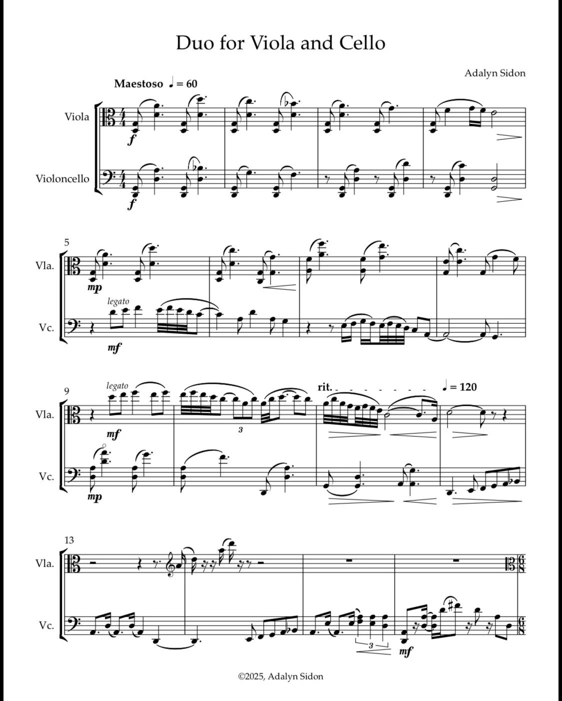 Sheet music titled 'Duo for Viola and Cello' composed by Adalyn Sidon, featuring musical notation for viola and cello with performance markings and tempo indications.