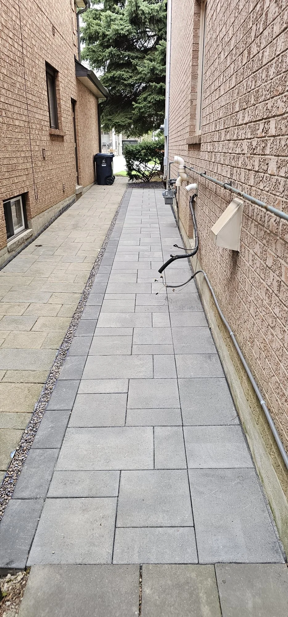 Sidewalk between two brick buildings, with a bush and trees in the background, gutter and pipes along the walls, and a trash can at the end of the path.