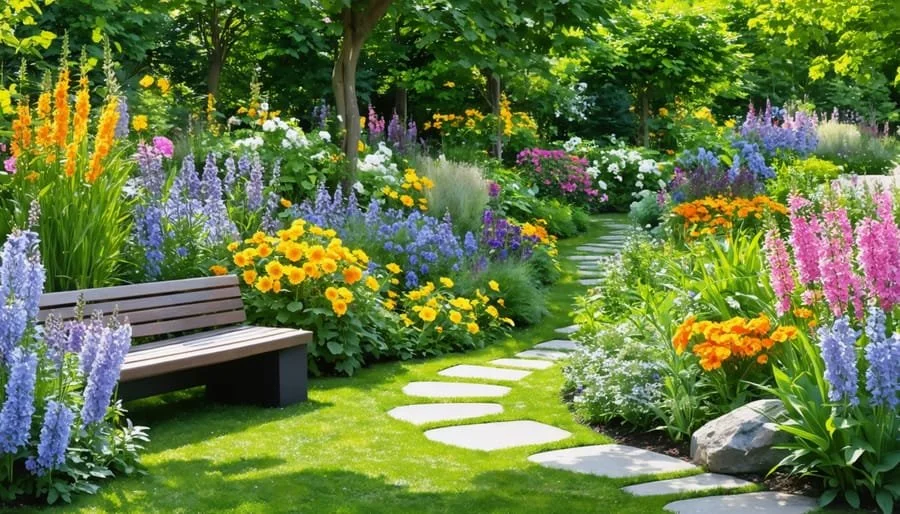 A lush garden with a stone pathway, colorful flowers, and a wooden bench.