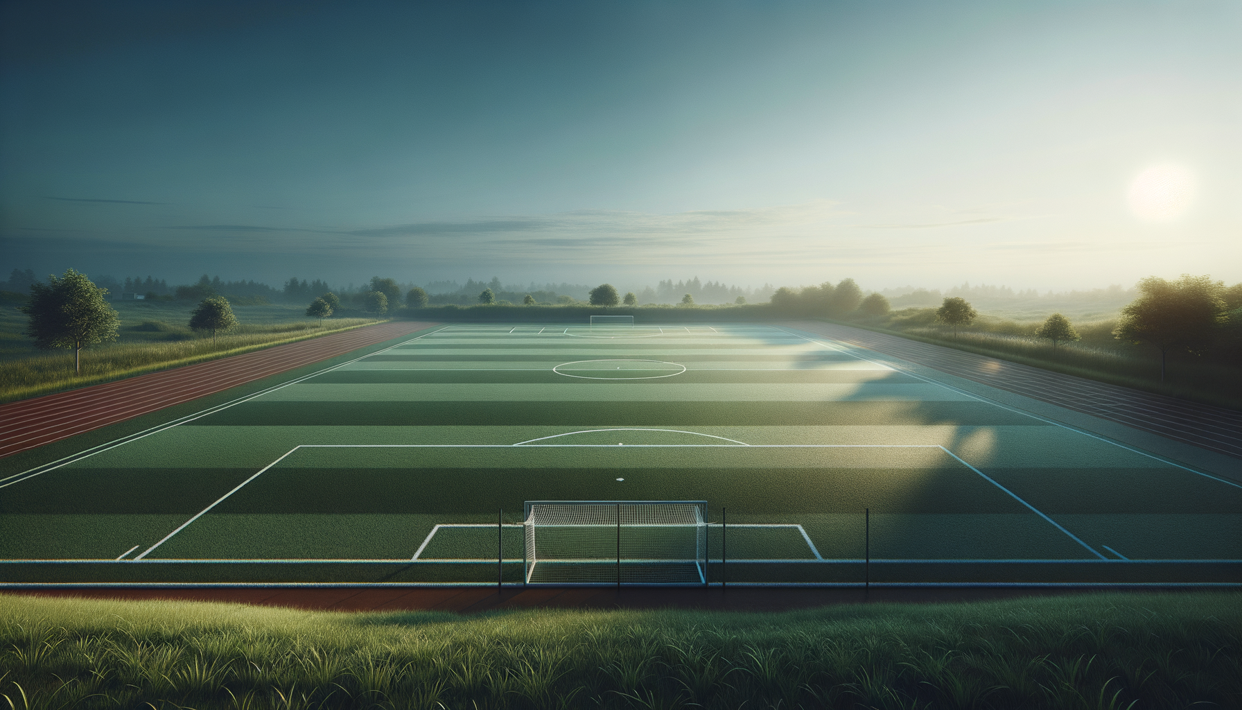 An empty outdoor soccer field with surrounding running track and lush greenery under a hazy sky at sunrise or sunset.