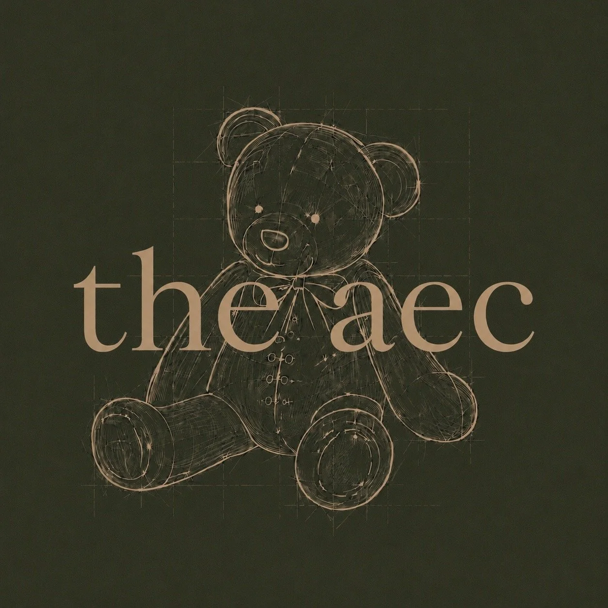 Blueprint-style drawing of a teddy bear with the text 'the aec' overlaid.