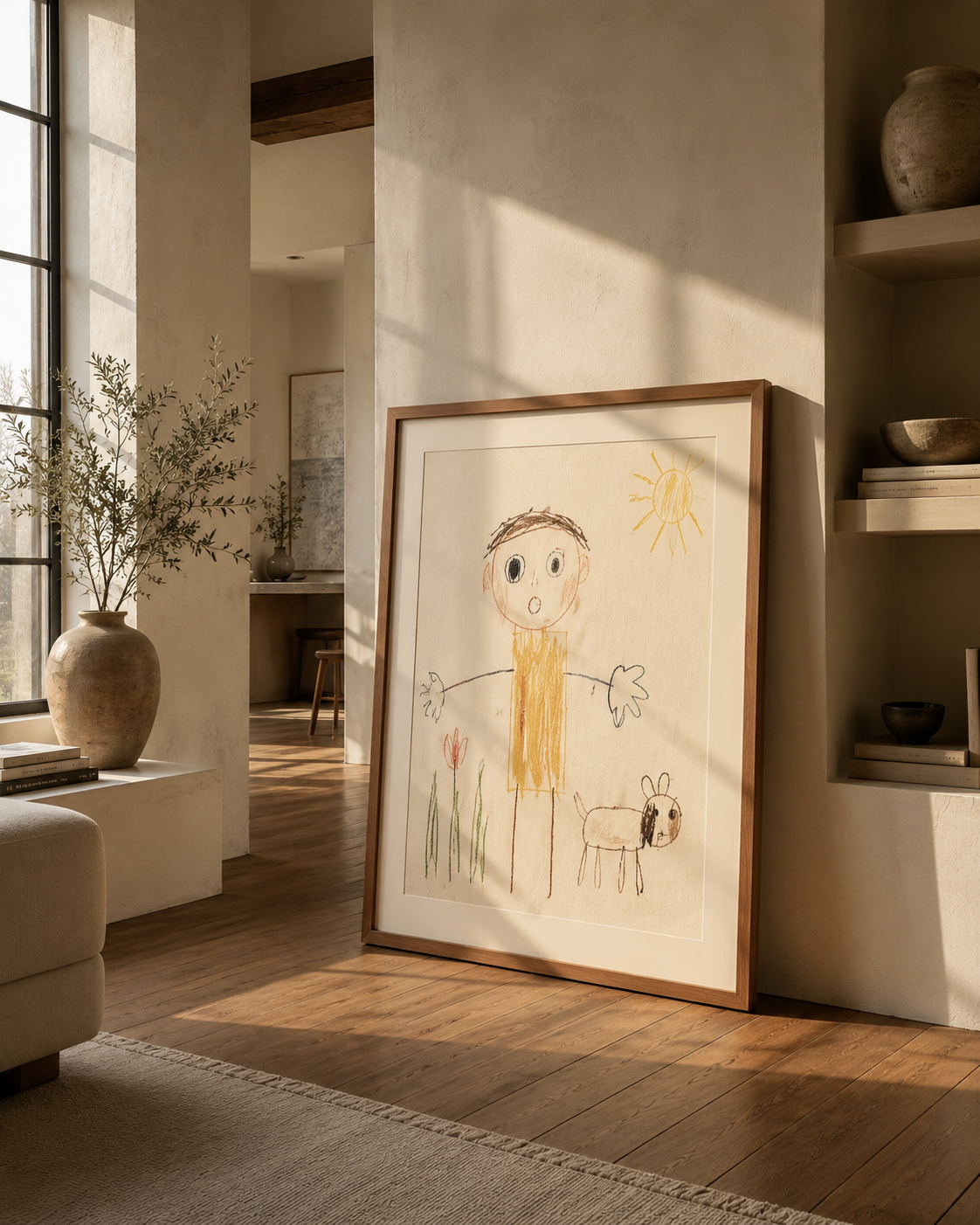 Framed child's drawing of a person, a dog, flowers, and a sun leaning against a wall in a sunlit living room.