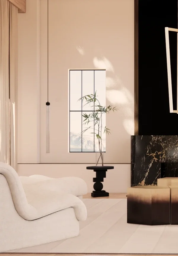Living room at sunset with a Brokis "Comet" pendant by the window and a 101 Copenhagen side table — collectible interior design Milano