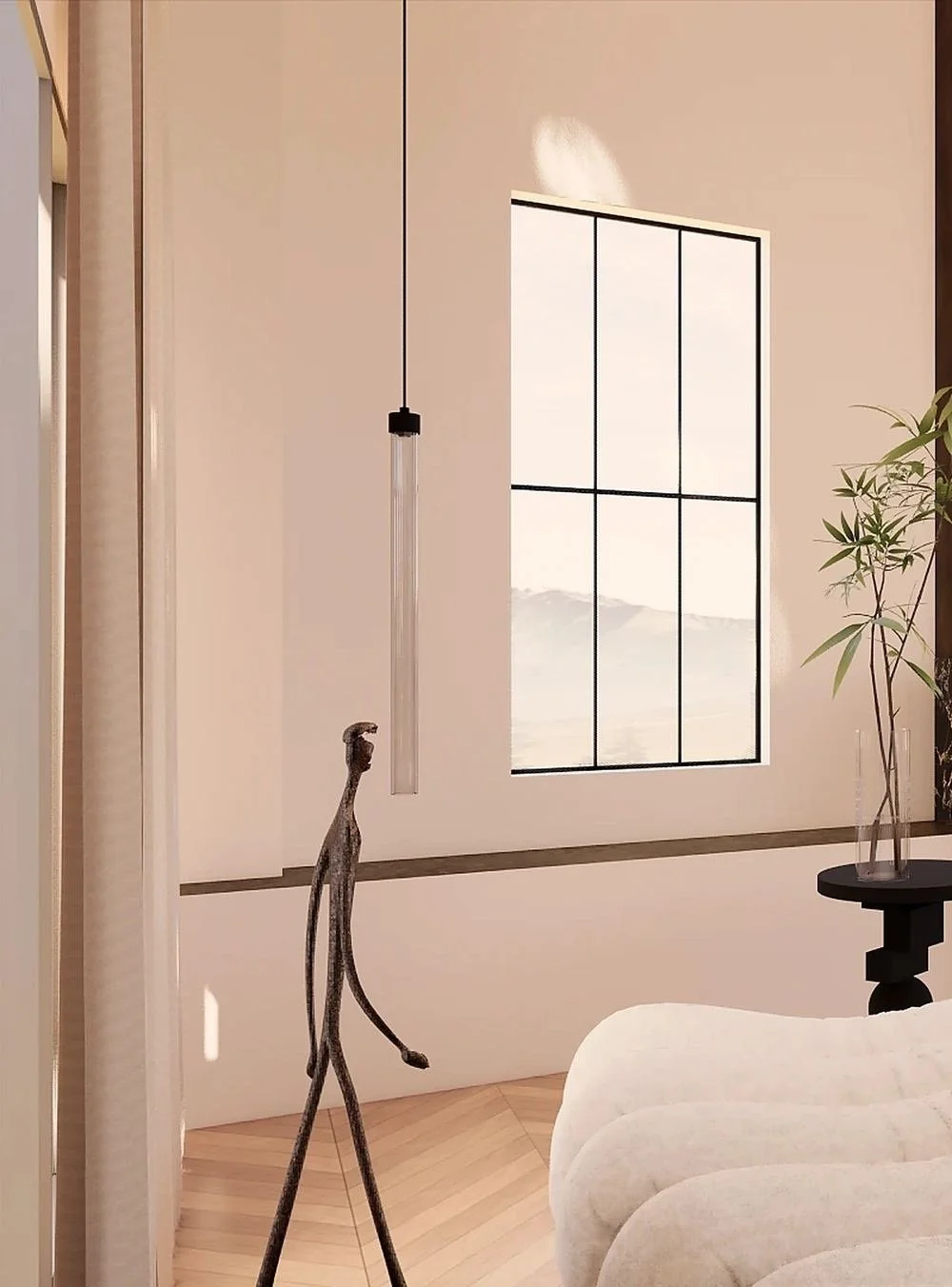 Sculpture and Brokis Comet pendant against linen curtains, beside a De Sede DS-600 chaise