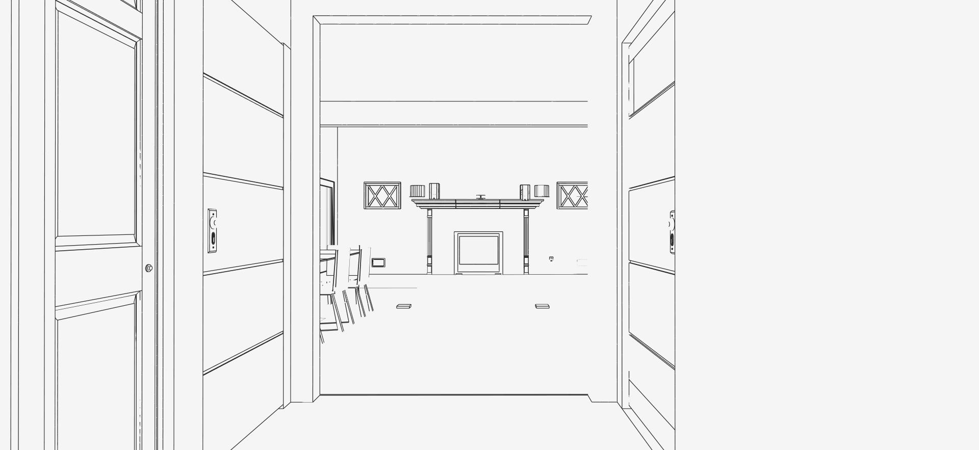 Existing Villa US front section showing the living room, columns and original fireplace axis