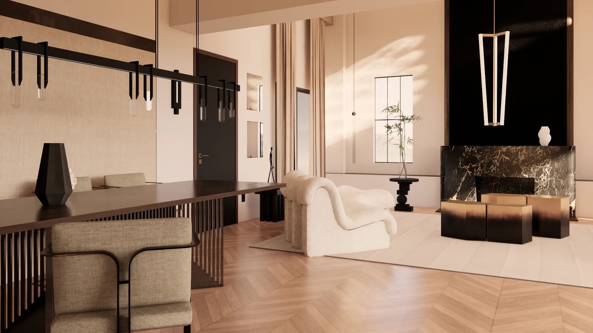 View from the dining room towards the Portoro marble fireplace