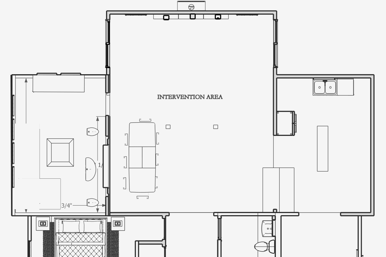 Existing Villa US floor plan with the intervention area highlighted within the original layout