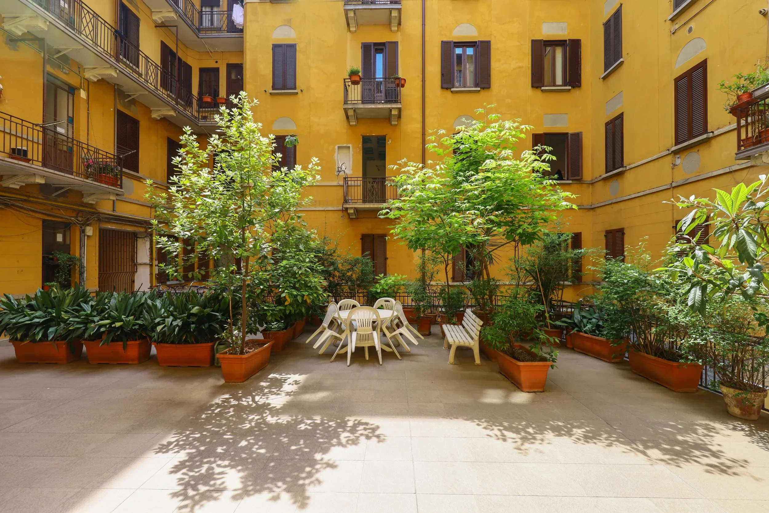 Courtyard garden with plants and white chairs against the yellow facade, Milano
