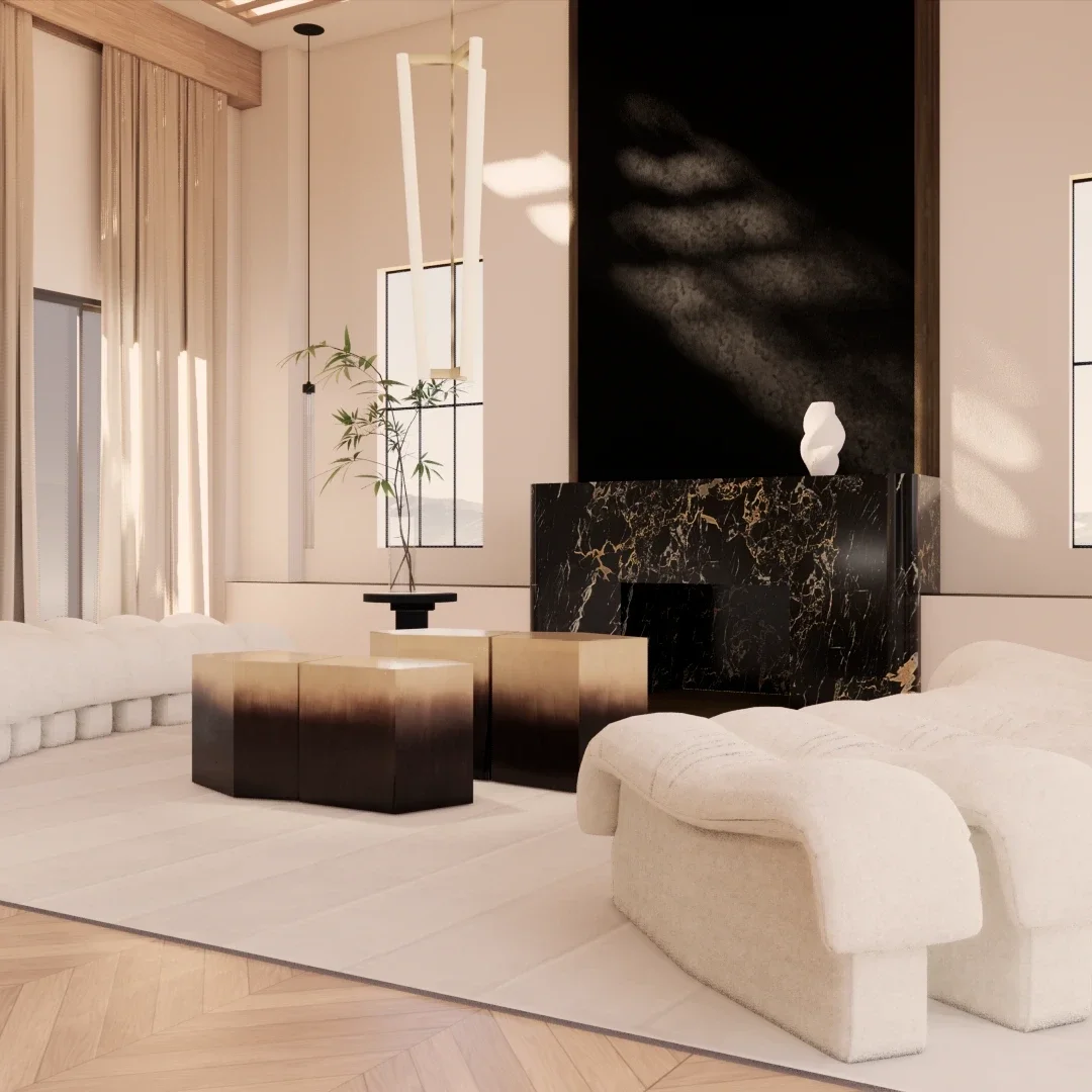 Villa US living room with Portoro marble fireplace, sculptural seating and bronze tables