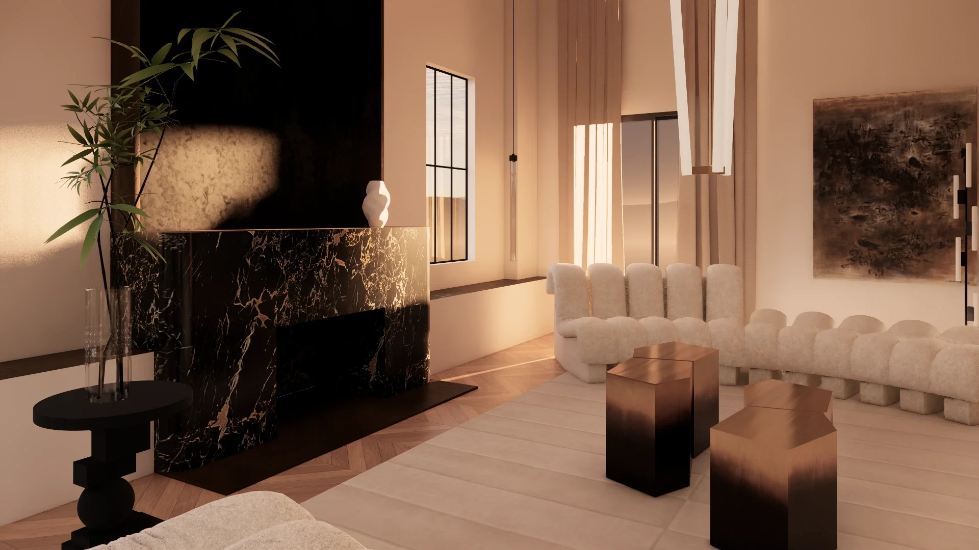 Living room at dusk — De Sede DS-600 sofa and Portoro marble fireplace in warm light — interior design Milano, Susan Petioky
