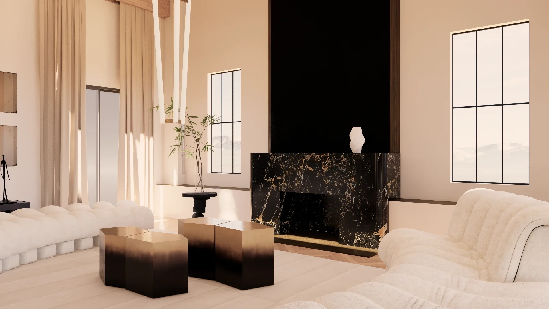 Portoro marble fireplace with bronze Take Off coffee tables by Stéphane Parmentier and De Sede DS-600 seating