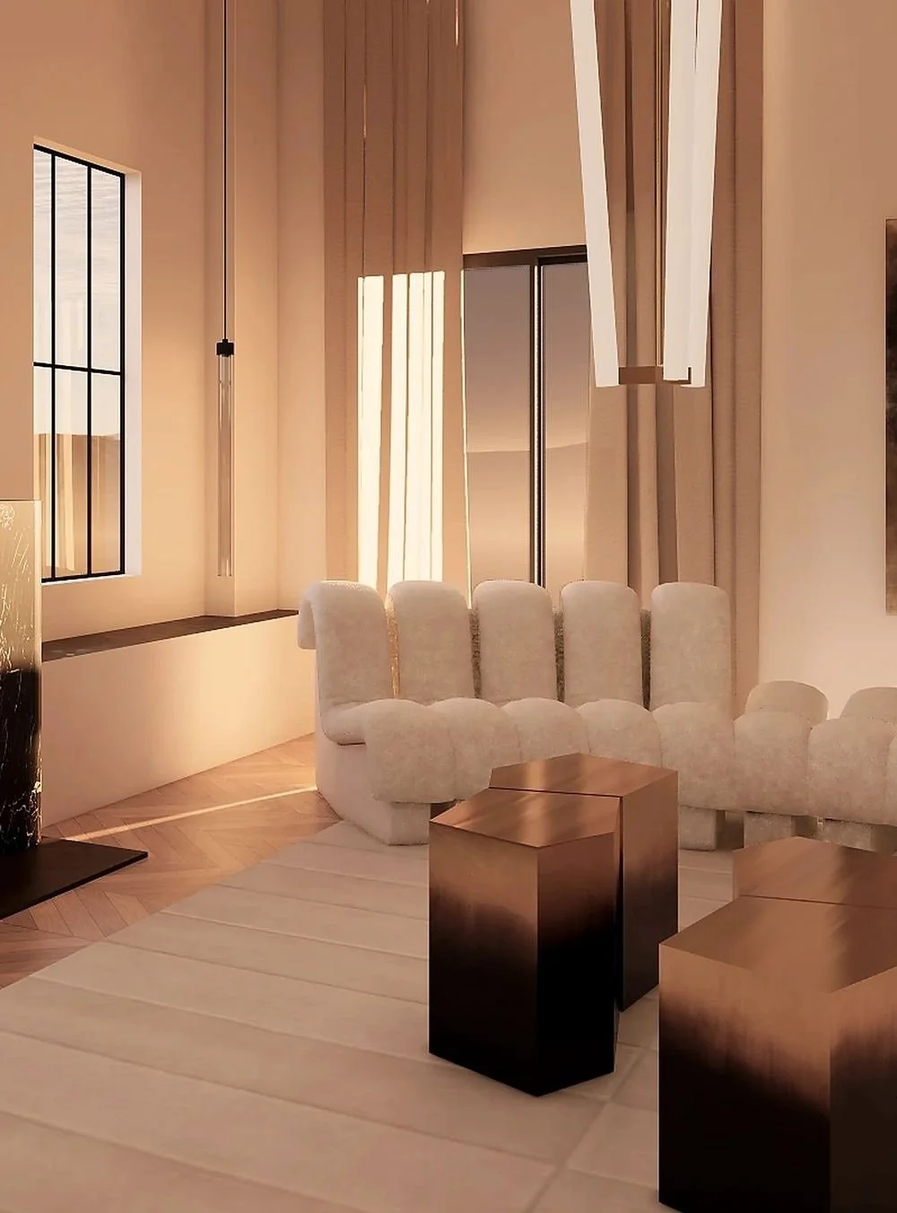 Portoro marble and bronze side tables at dusk