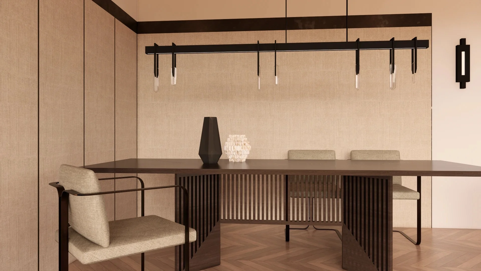 Vico Magistretti Maestro table by Acerbis with Marta Sala Editions Murena chairs against Casamance fabric walls