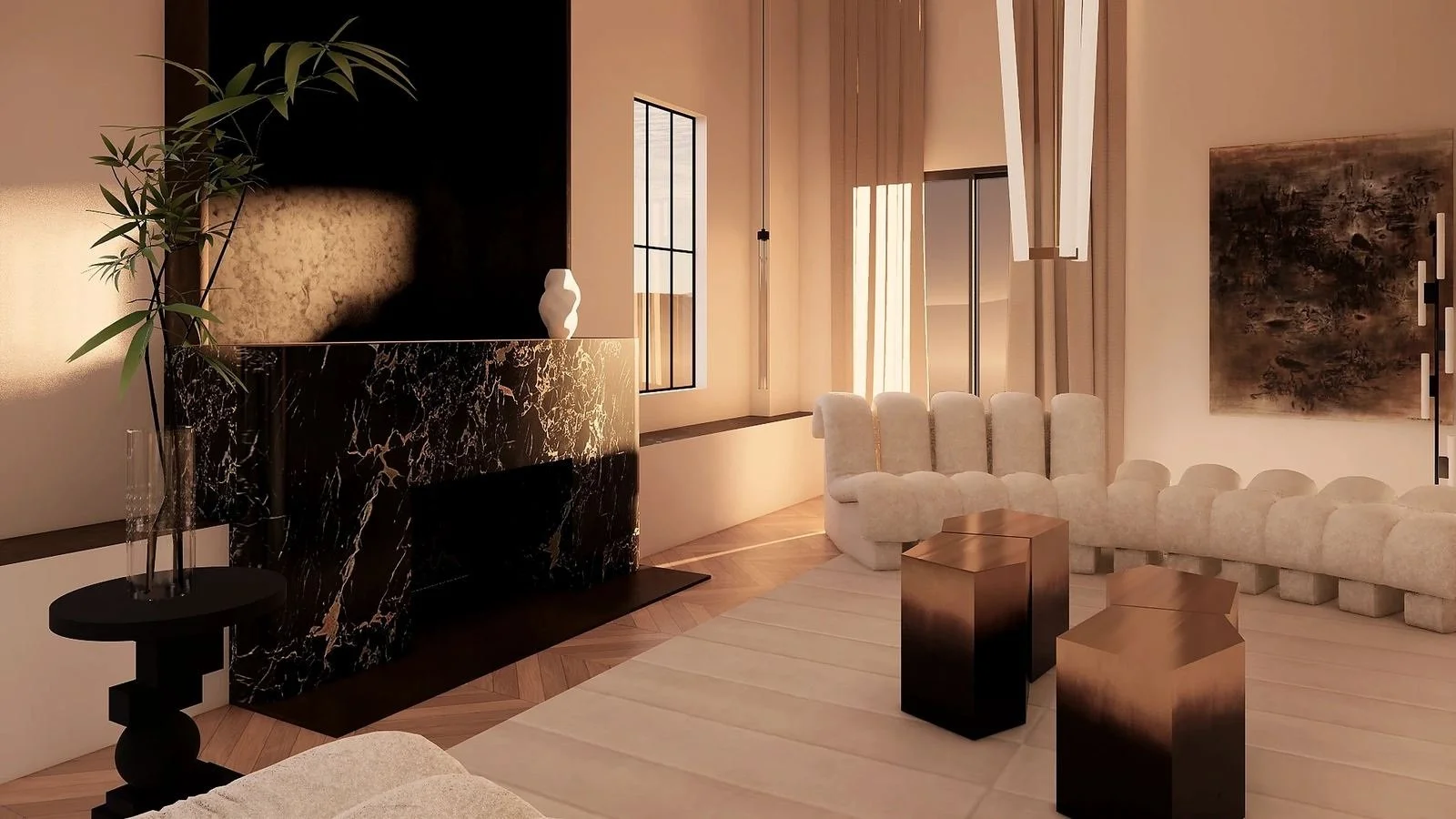 Last light on the Portoro marble chimney and bronze surfaces, with a 101 Copenhagen Artist side table in black oak in the foreground