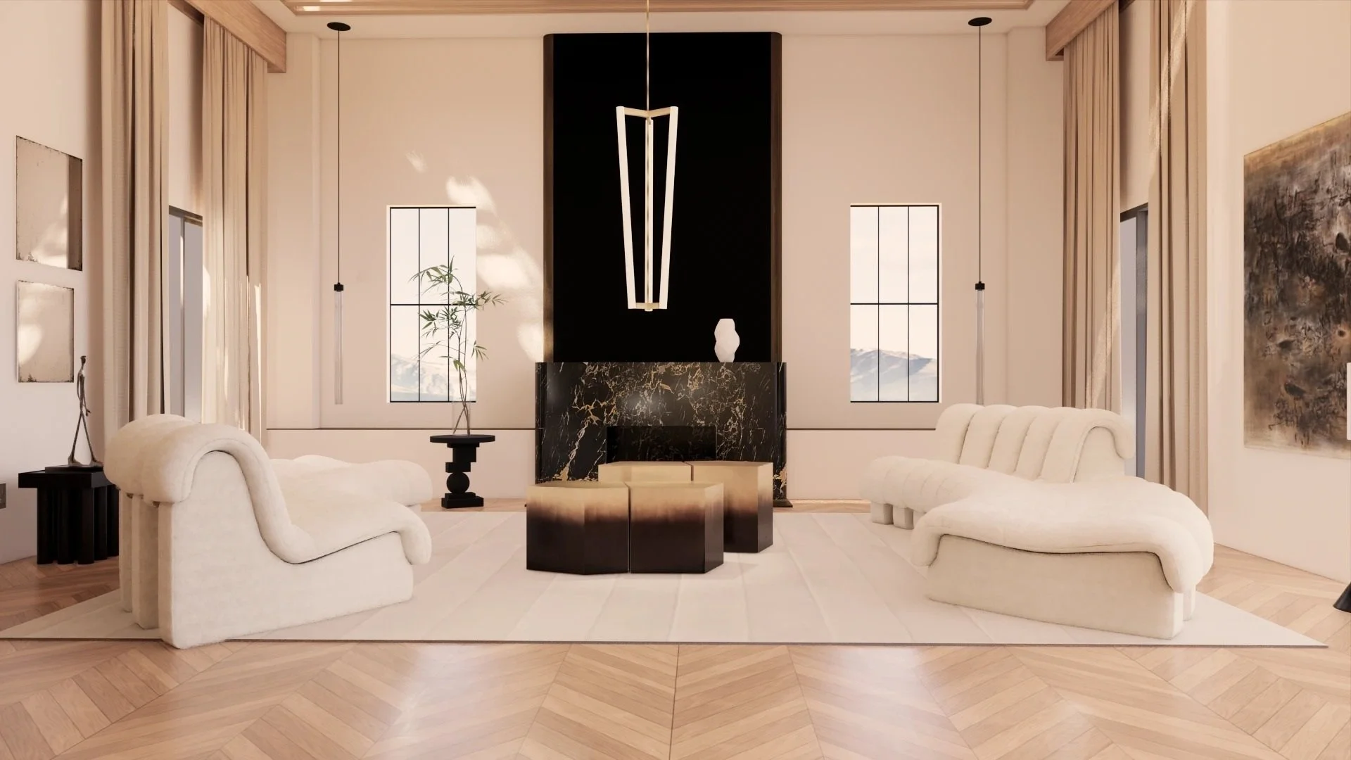 Symmetrical living room with Portoro marble chimney, Michael Anastassiades Tube Chandelier, De Sede DS-600 sofas in soft fabric and a Nordic Knots rug