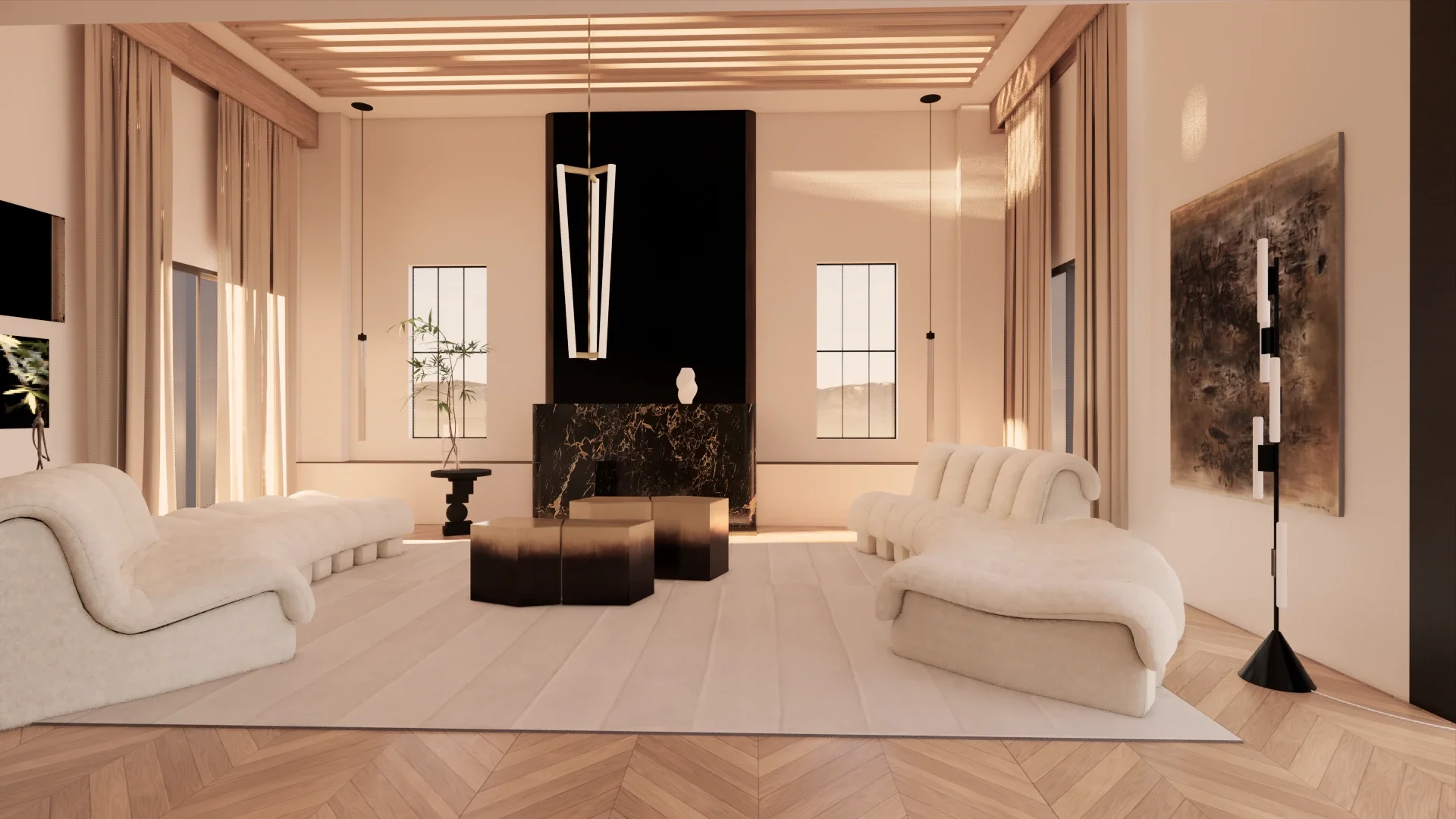 Slatted timber ceiling filtering warm light over the living room