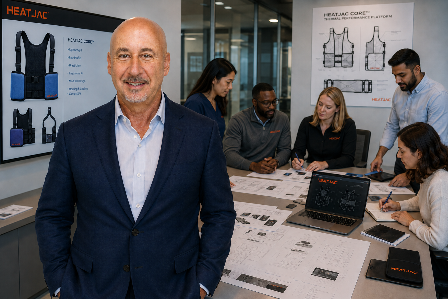 Mark Silverberg, DDS, MD working with HEATJAC research team, discussing product designs and plans for HEATJAC CORE and HEATJAC REFLECT, with promotional posters and technical diagrams on the walls.