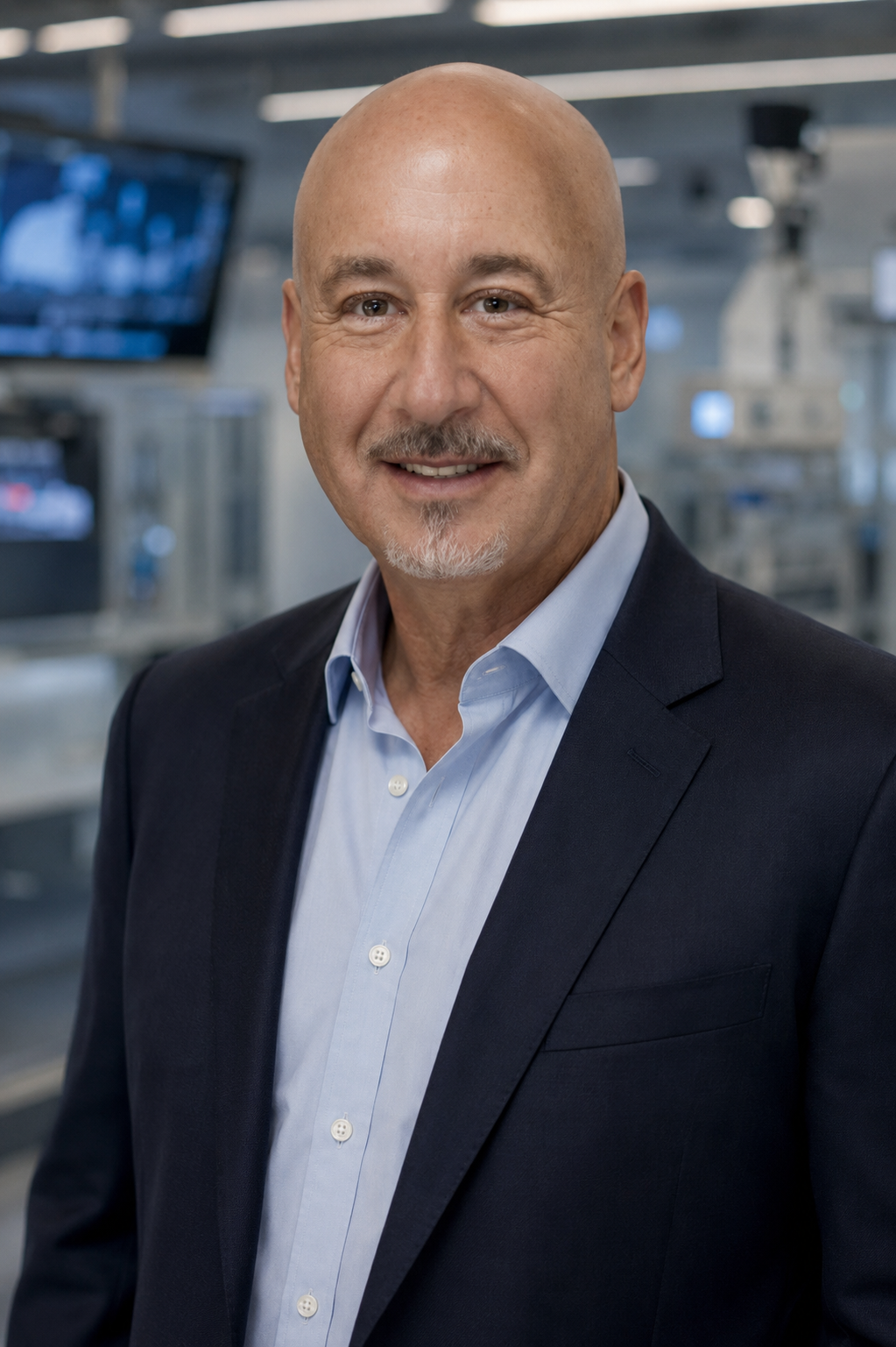 A smiling bald man with a goatee wearing a suit jacket and light blue dress shirt in a professional setting with technical equipment and monitors in the background.