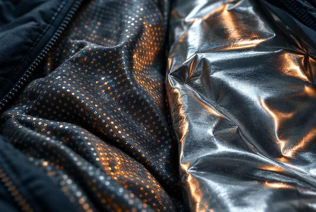 Heat-reflective jacket linings compared: dots, full foil and film