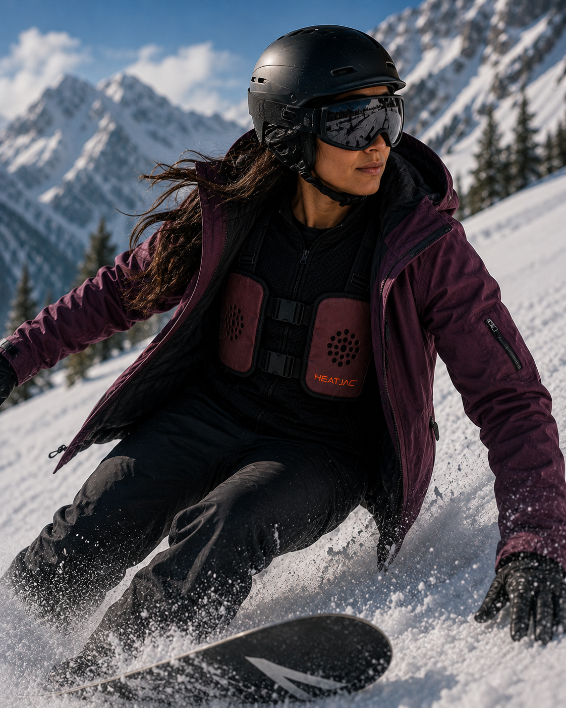 A woman in winter gear, including a helmet and ski goggles, skiing down a snowy mountain slope with snow-covered peaks in the background.