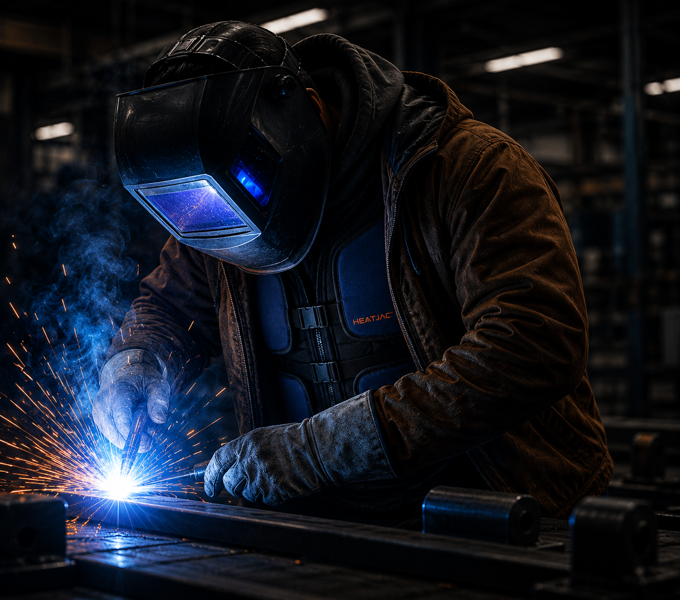 A worker welding metal in an industrial setting, wearing a protective welding helmet and gloves, with sparks and smoke around.