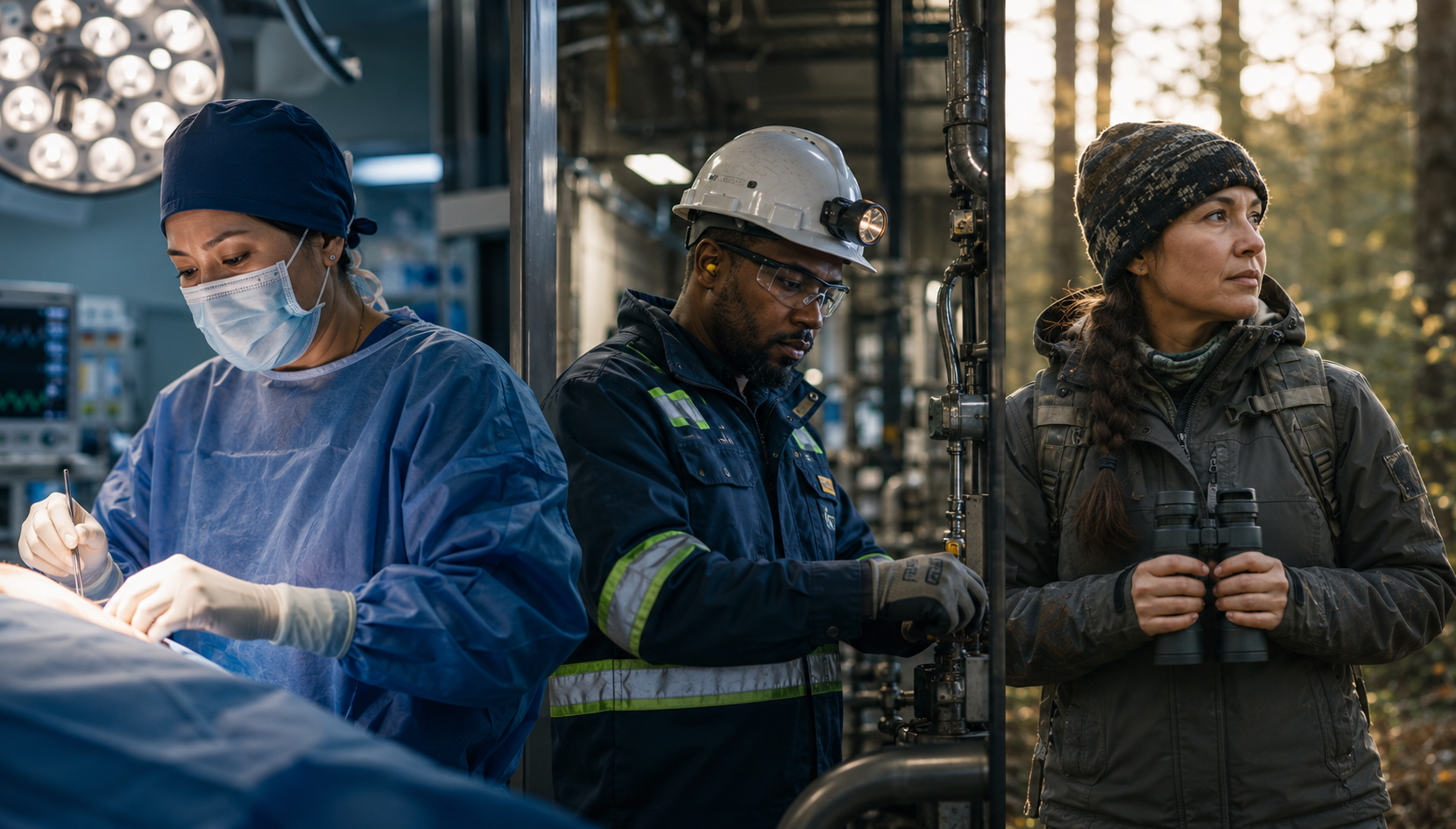 Three professionals working outdoors near industrial equipment, one woman in medical scrubs and mask, one man in safety gear and helmet using machinery, another woman in outdoor gear with binoculars observing.