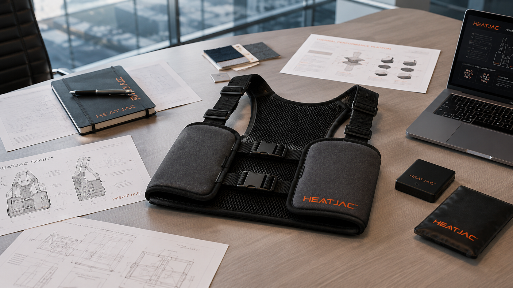 A workspace with blueprints, a laptop displaying a heat jacket design, a heat jacket prototype, a notebook, color samples, and various accessories on a wooden table in front of a large window.