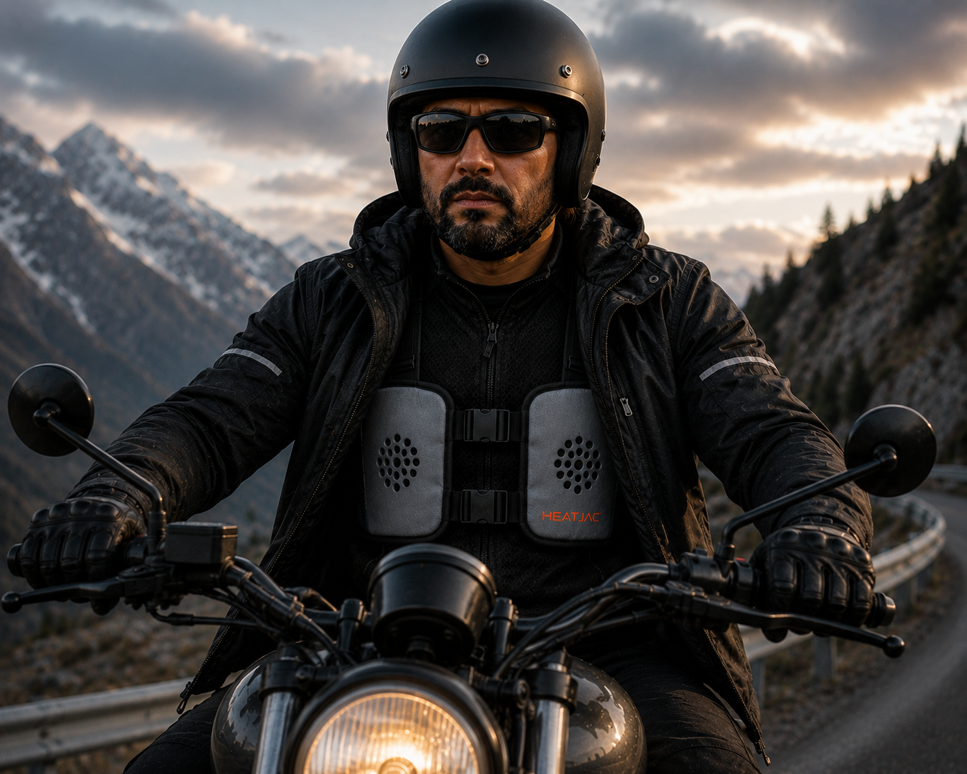 A man riding a motorcycle on a mountain road during sunset, wearing a black helmet, sunglasses, black jacket, and body armor labeled HEATJAC.