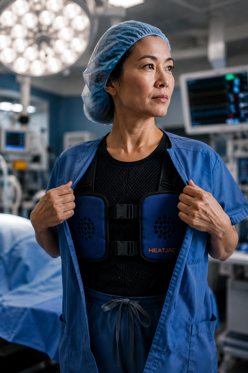 A female doctor or nurse in scrubs in an operating room, wearing a blue lead apron with heat jacket for medical procedures.