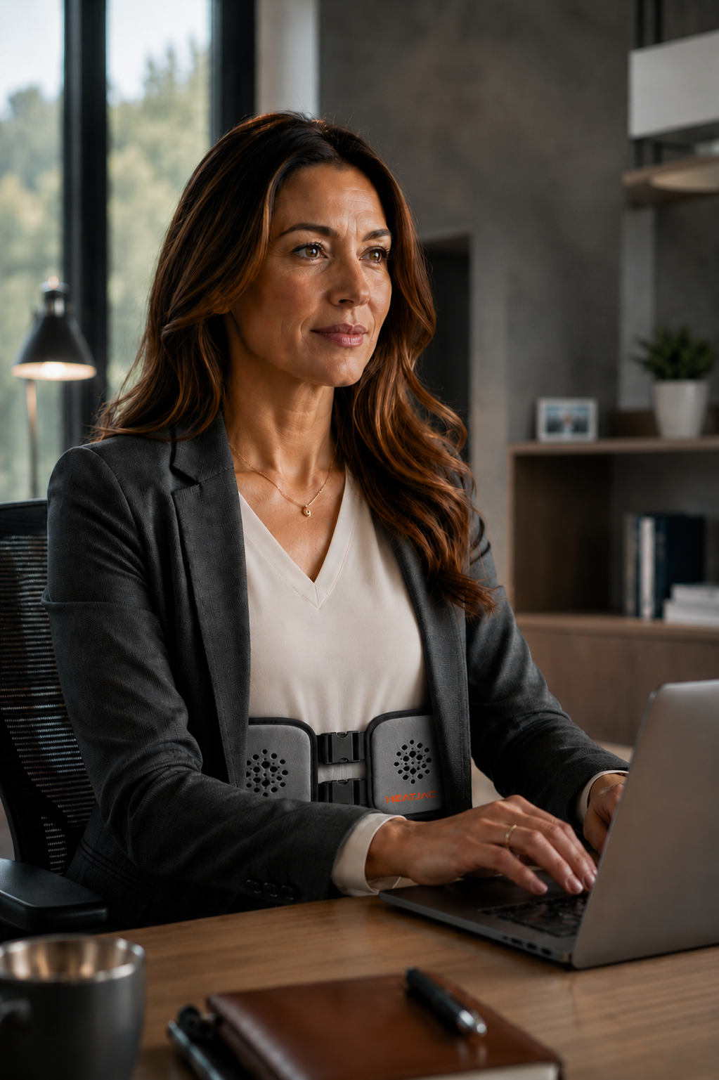 A professional woman with long brown hair working on a laptop in an office. She wears a black blazer, white V-neck blouse, and a back posture heatpad around her waist. The office has large windows, a bookshelf, and a potted plant in the background.