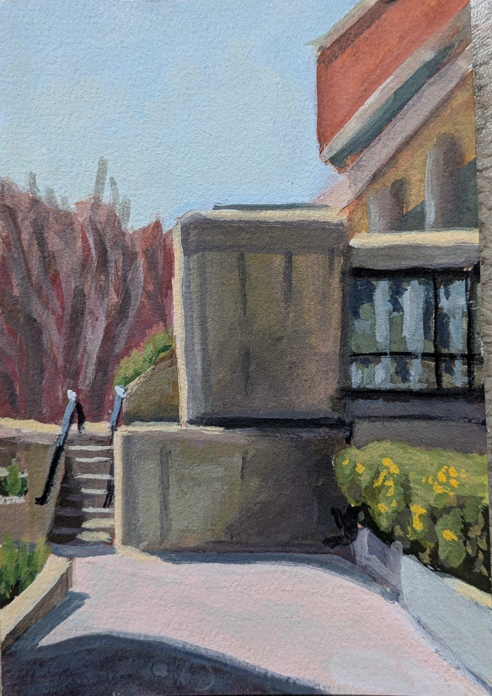 A watercolor painting depicting a modern house with large windows and a balcony, a staircase leading to the entrance, and trees with reddish foliage on the left side, with a cloudy sky in the background.