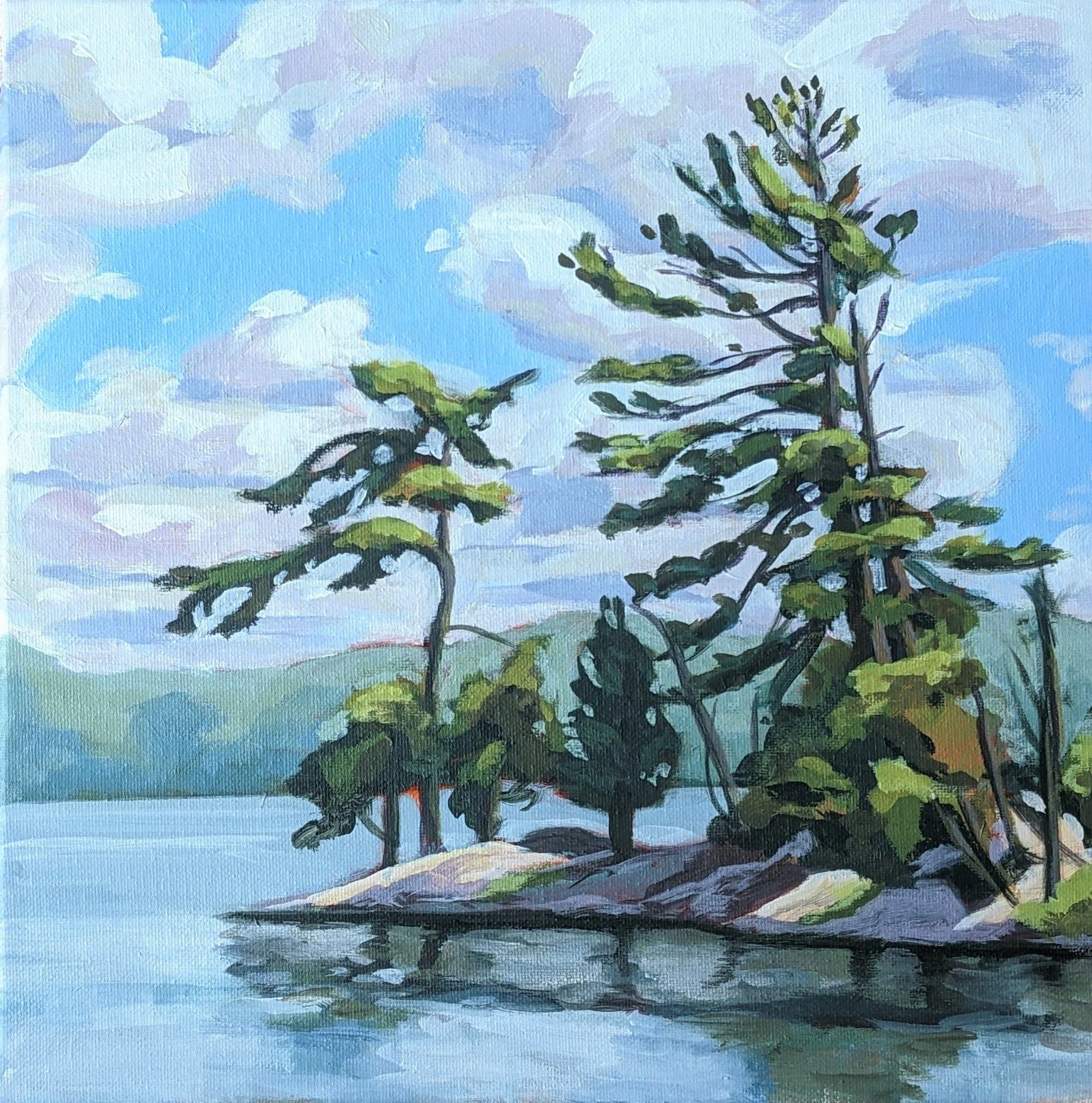 Watercolor painting of a tree with a blue sky and cloud background.