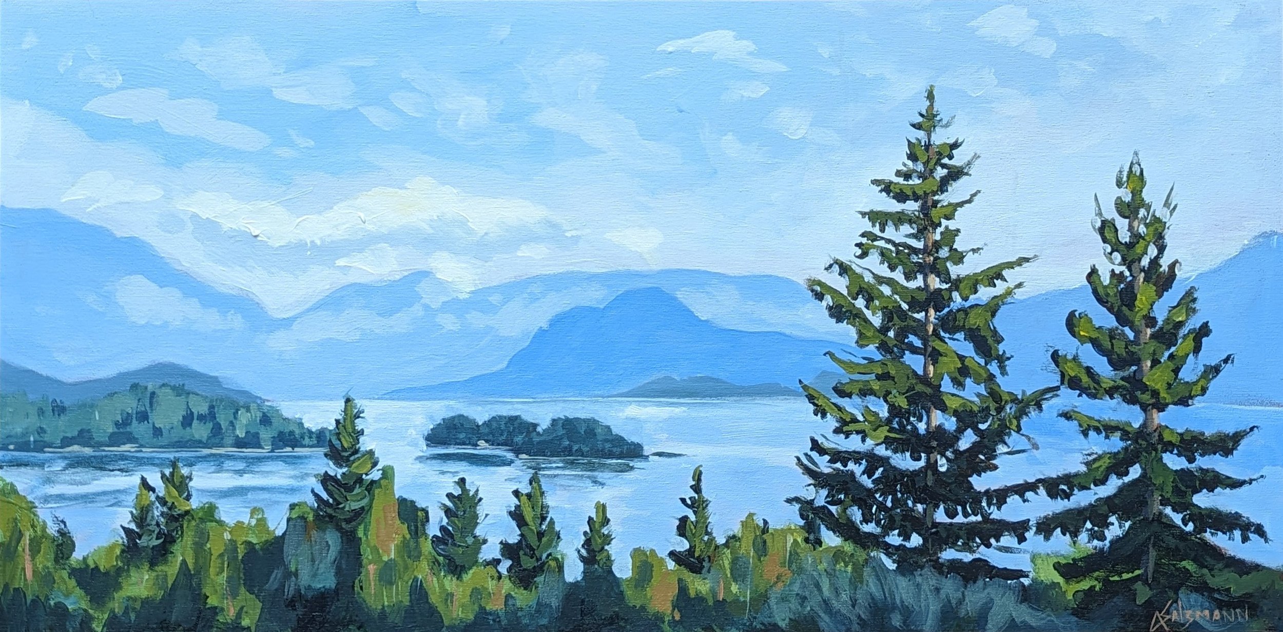 A landscape painting of a large lake with small islands in British Columbia Canada, surrounded by green trees in the foreground, while blue mountains and a partly cloudy sky are in the background.