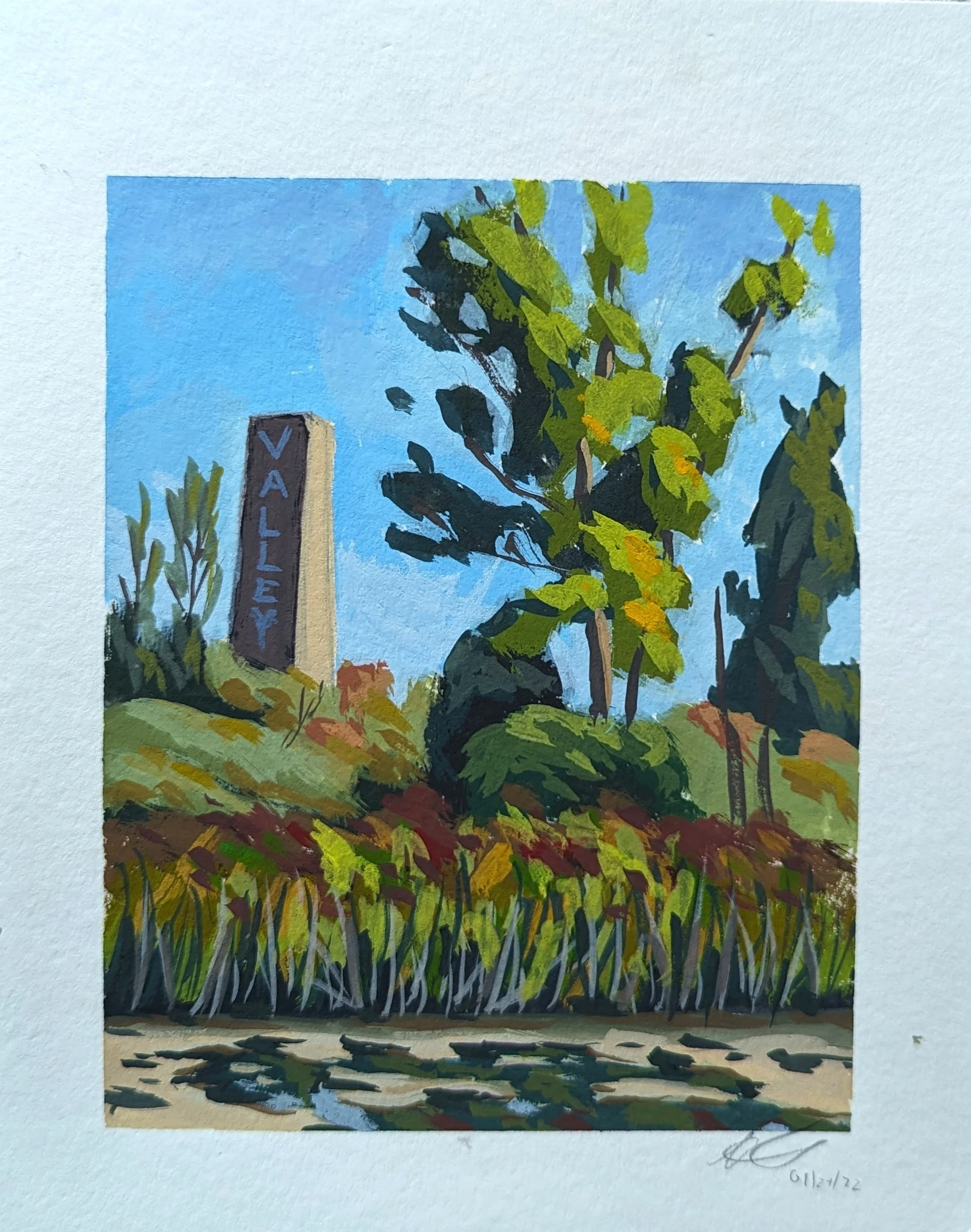 A colorful painting of a landscape featuring a tree with green and yellow leaves, a tall 'VALLE' sign to the left, grass and plants in the foreground, and a bright blue sky in the background.