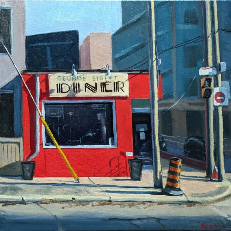 Painting of a red building on a city street corner with a sign reading 'George Street Diner'.