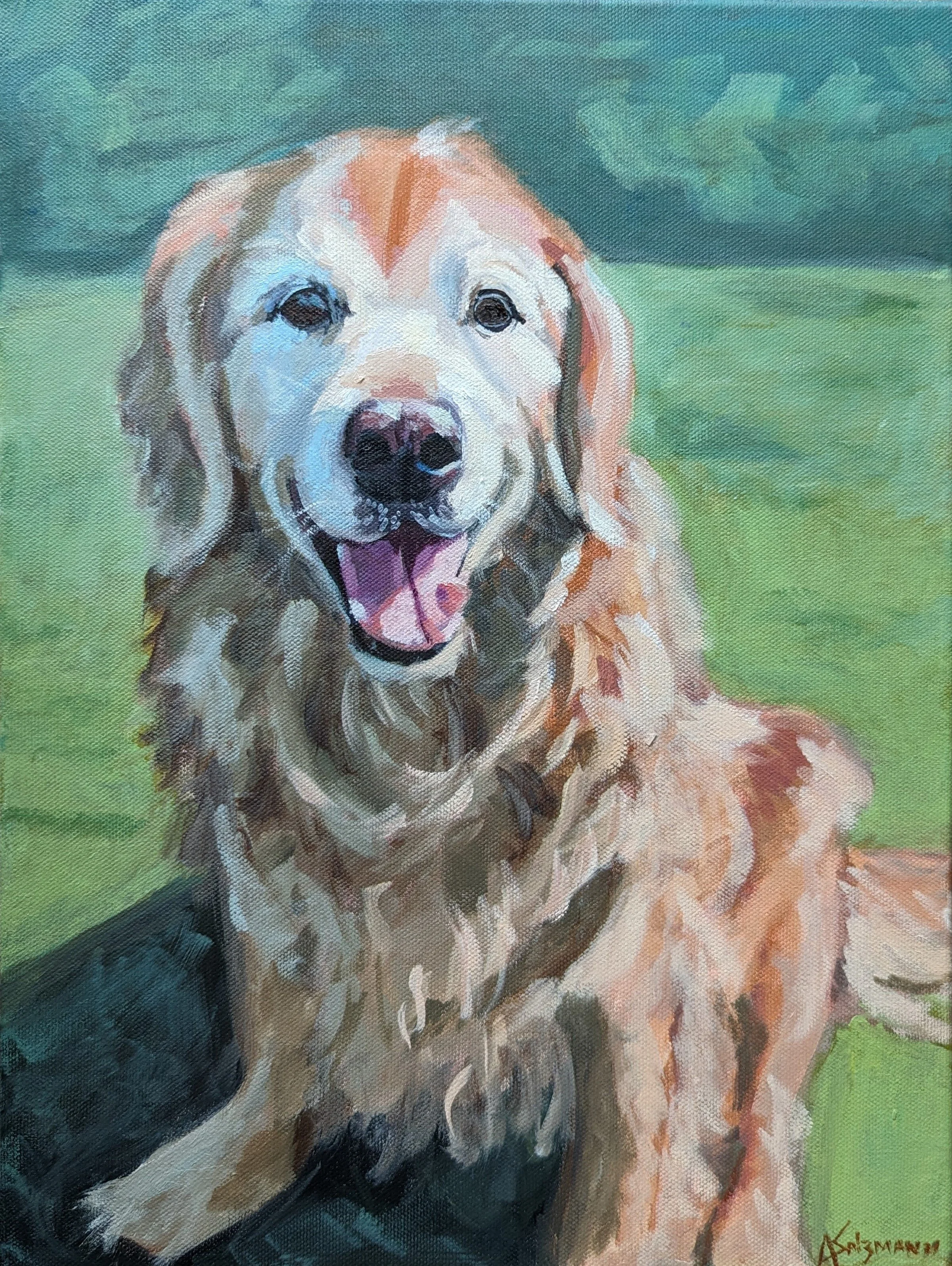 A painting of a golden retriever dog sitting on grass with a green background.