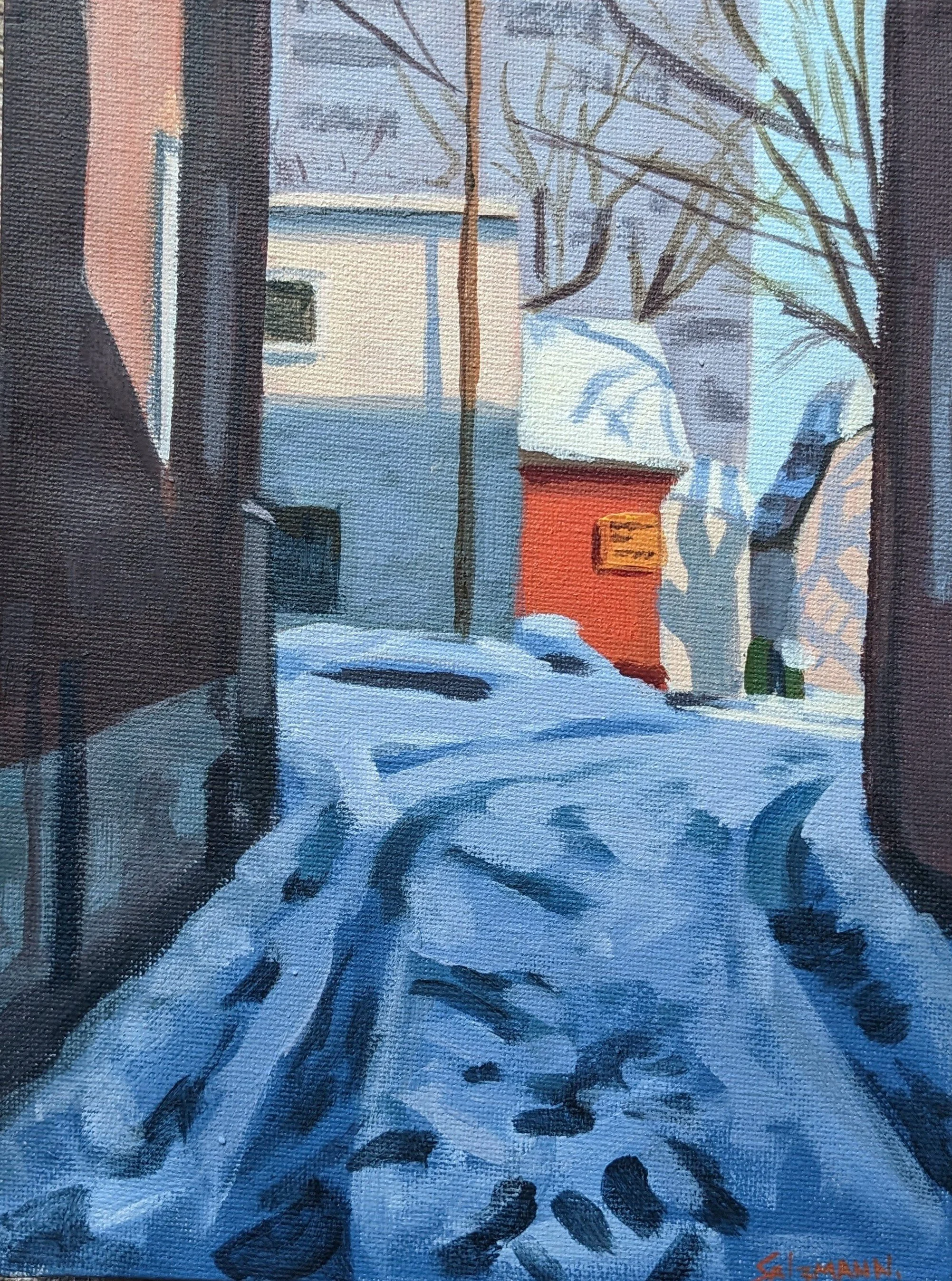 A winter scene painting showing a house with snow on the roof, bare trees, and a snow-covered ground. There is a bright orange house in the distance