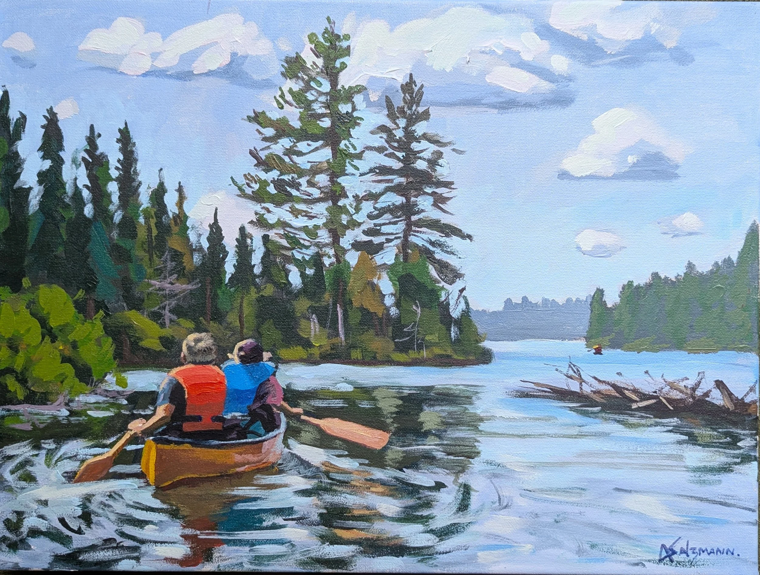 Two people in a canoe on a lake surrounded by trees, with mountains and a cloudy sky in the background, painted in an impressionistic style.