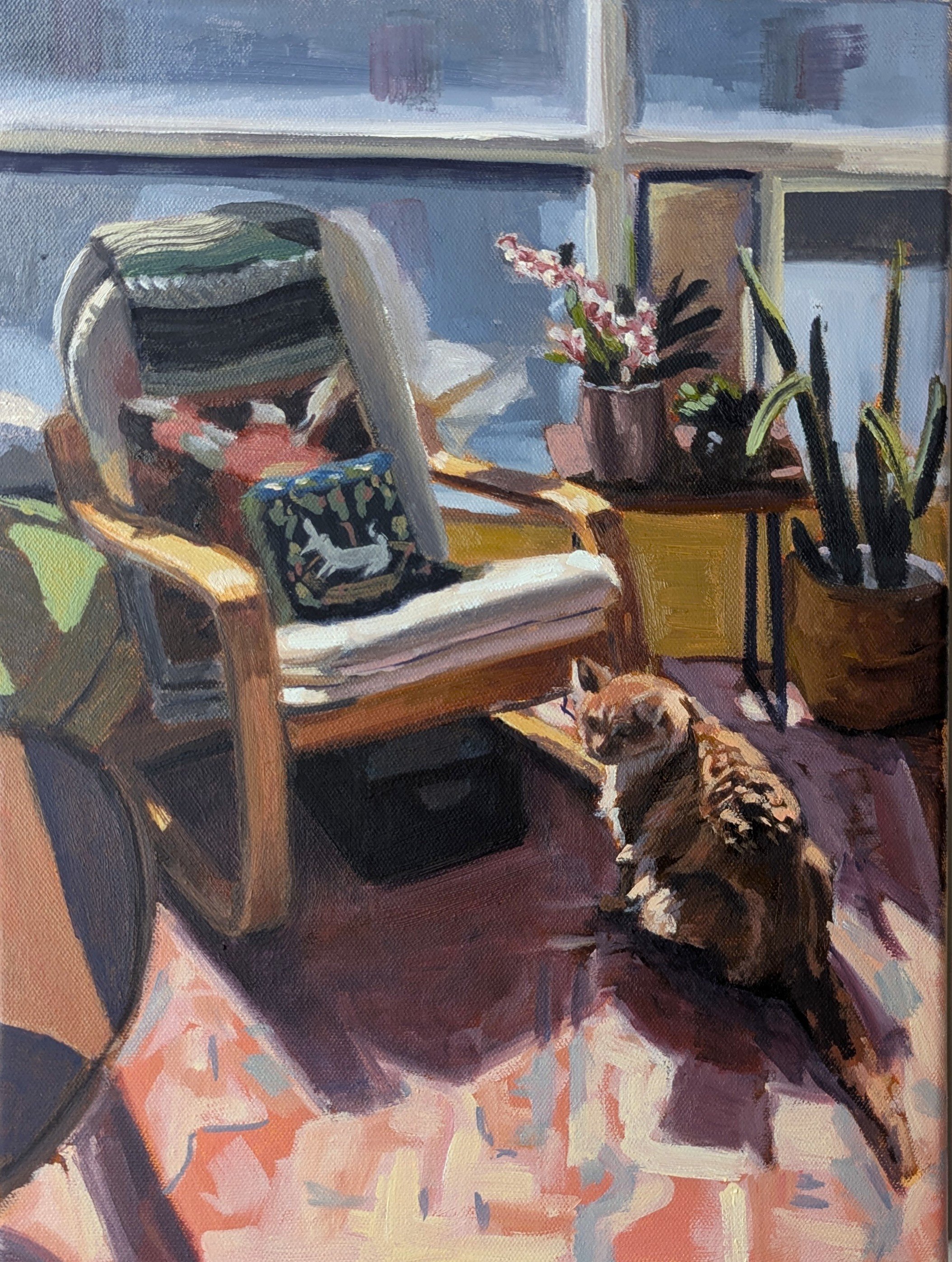 An impressionist-style painting of an indoor scene with a wooden chair that has a striped pillow and a blanket, a bouquet of pink flowers in a vase, a potted plant, and some books on shelves, with a cat sitting on the patterned floor.