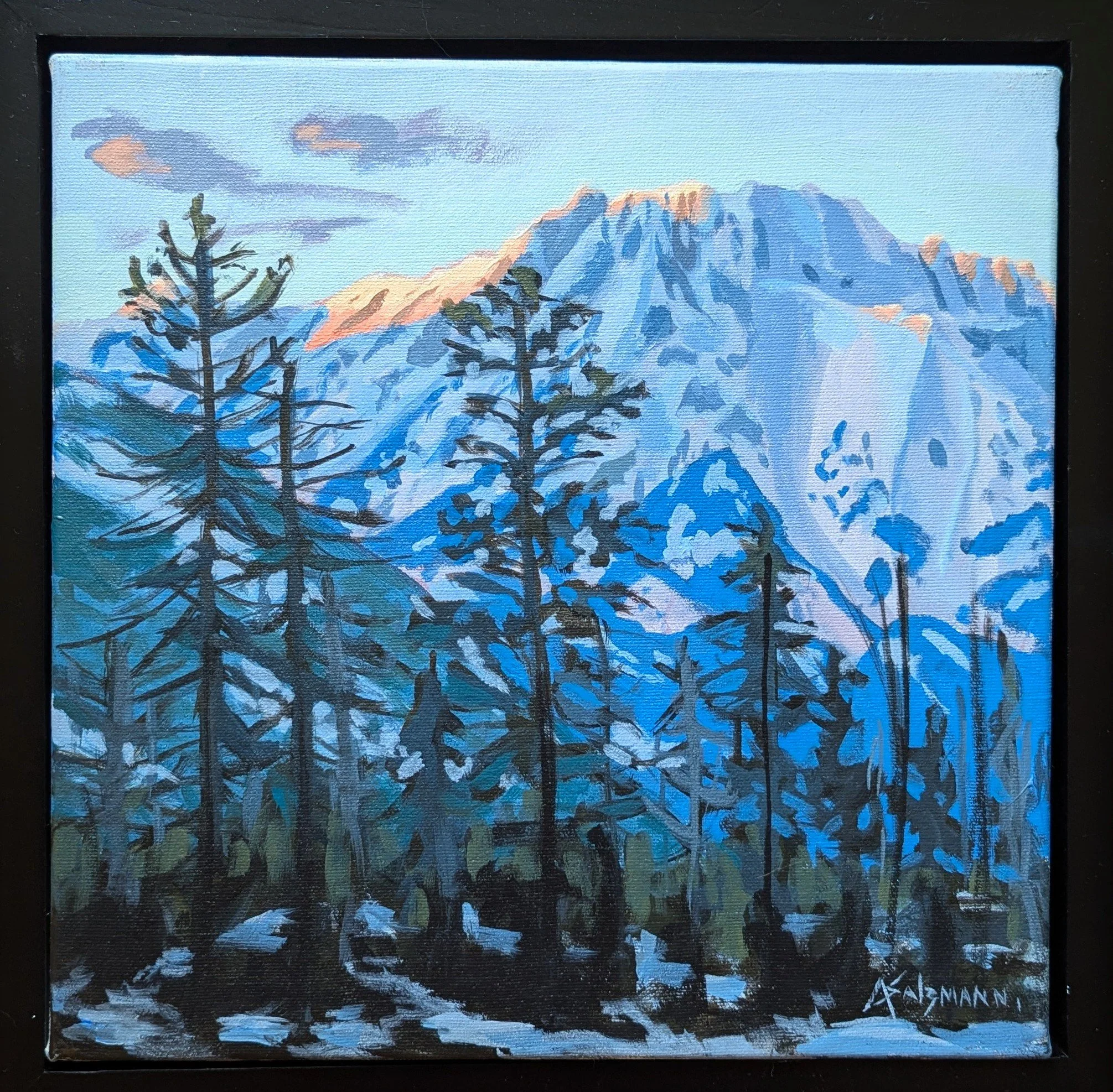 Painting of a mountain landscape with evergreen trees in the foreground, mountains in the background, and a sky with clouds.