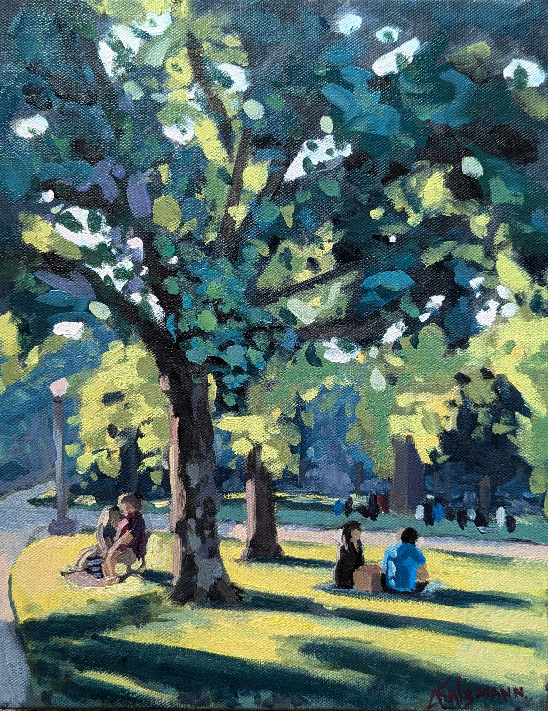 An impressionistic painting of a park scene featuring a group of tall trees with lush green foliage, some people sitting on the grass, and a cyclist in the background, with a bright yellow path or ground area and a blue sky.