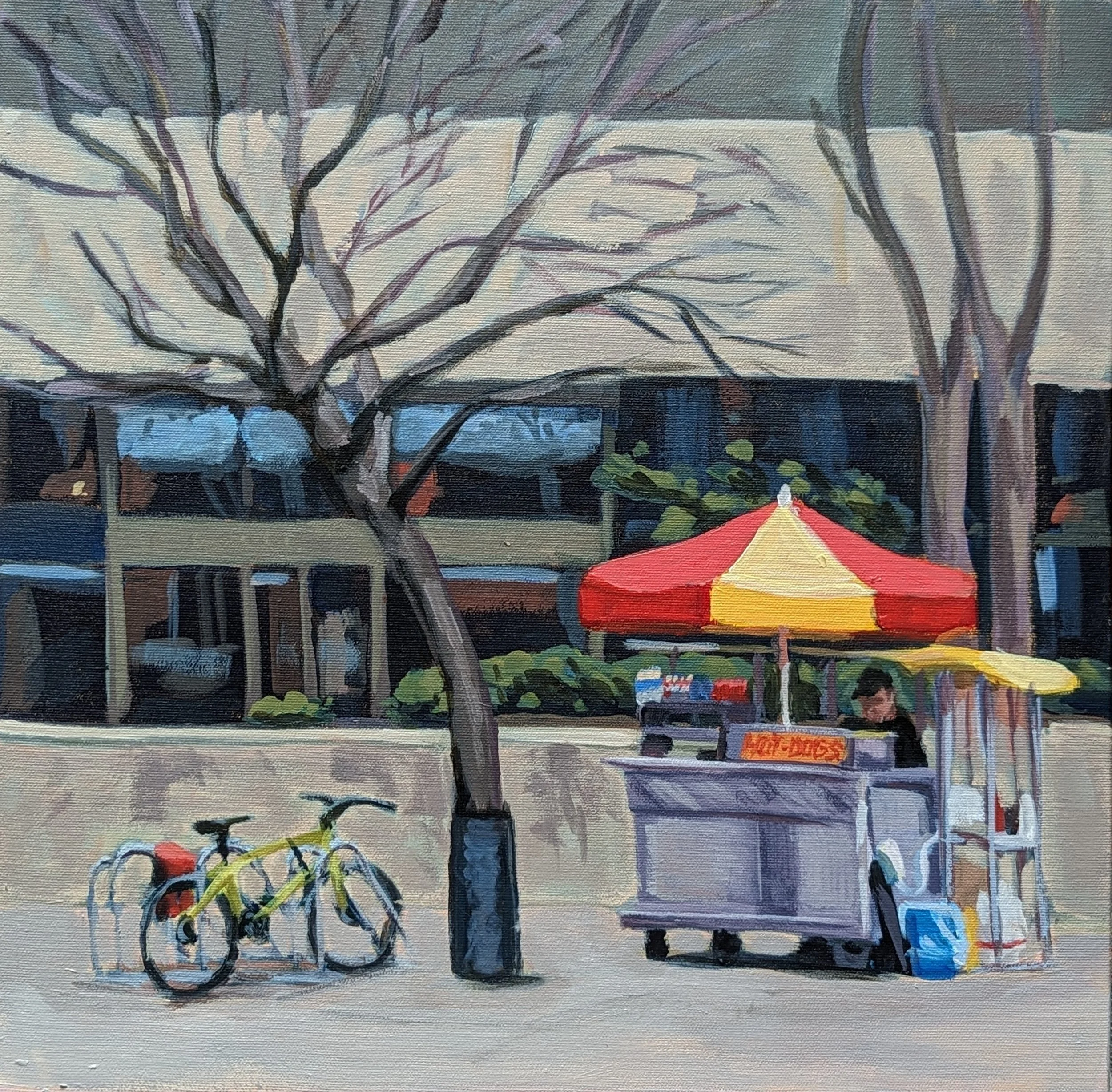 Painted illustration of trees with bare branches, bicycle in front, umbrellas, and a person with an orange bag on a sidewalk.