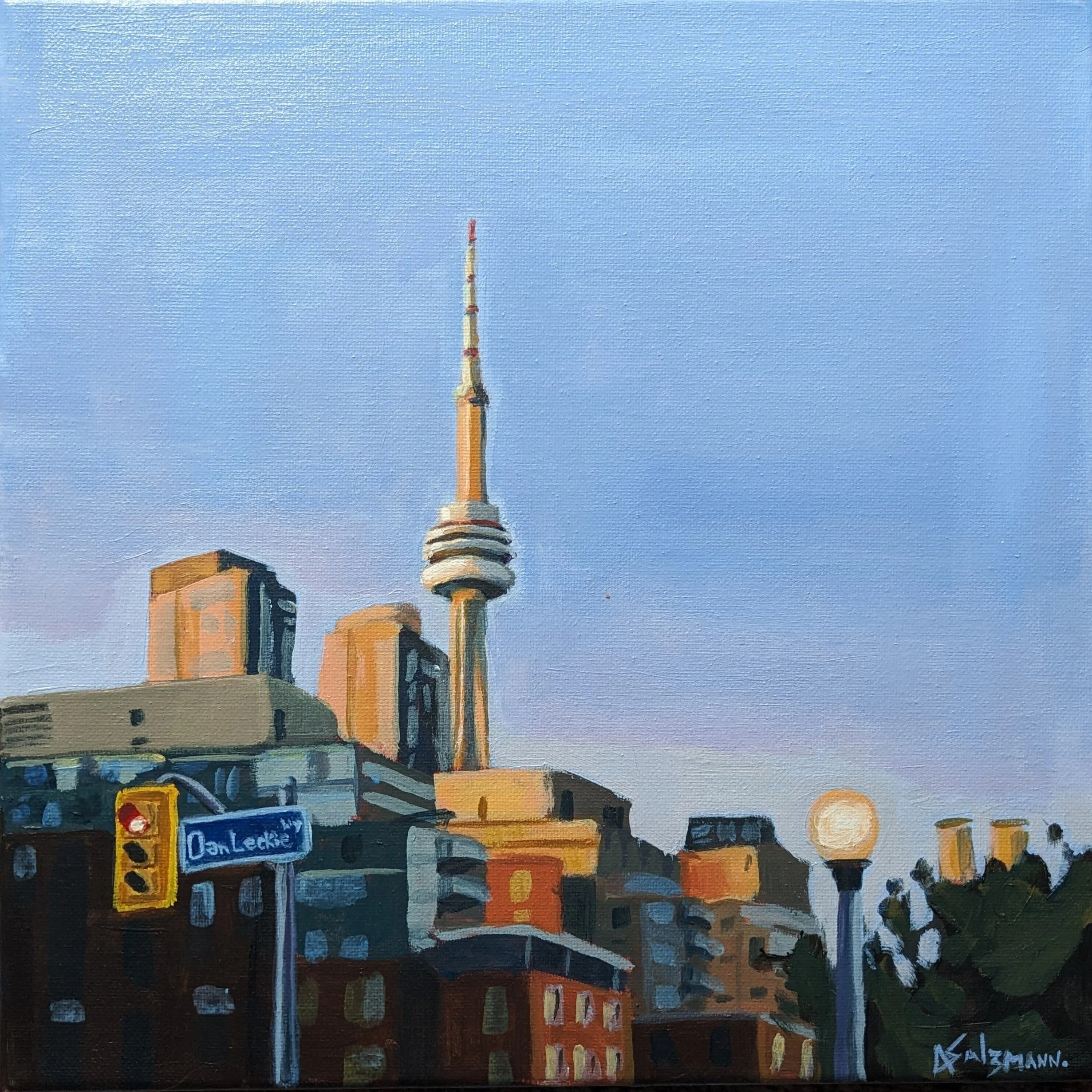 A painting of a cityscape at night featuring tall buildings, some with lit windows, under a clear blue sky. There are street signs, traffic lights, and trees at the bottom of the scene.