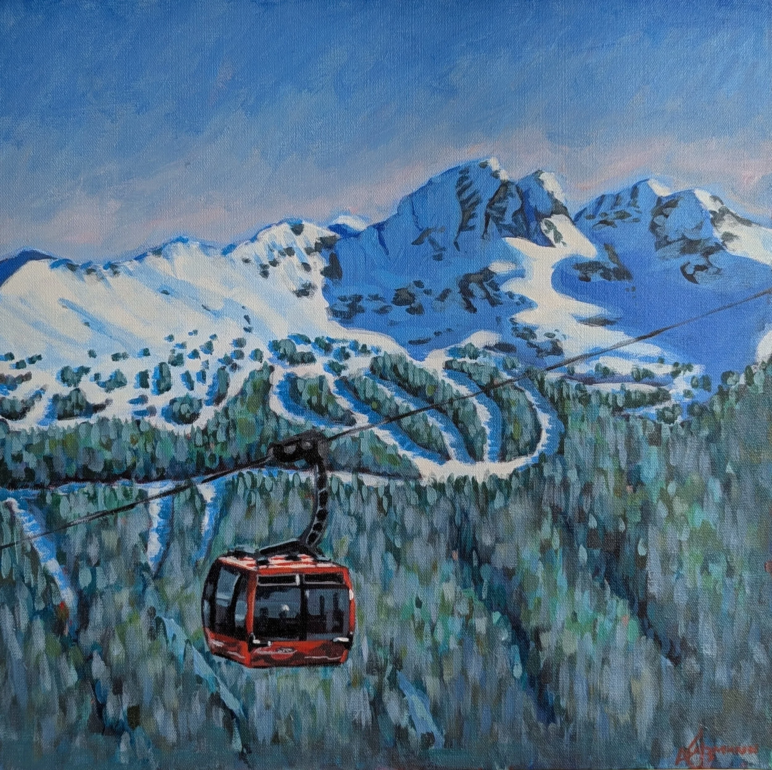 An impressionistic painting of snow-covered mountains and a red peak to peak gondola on whistler mountain