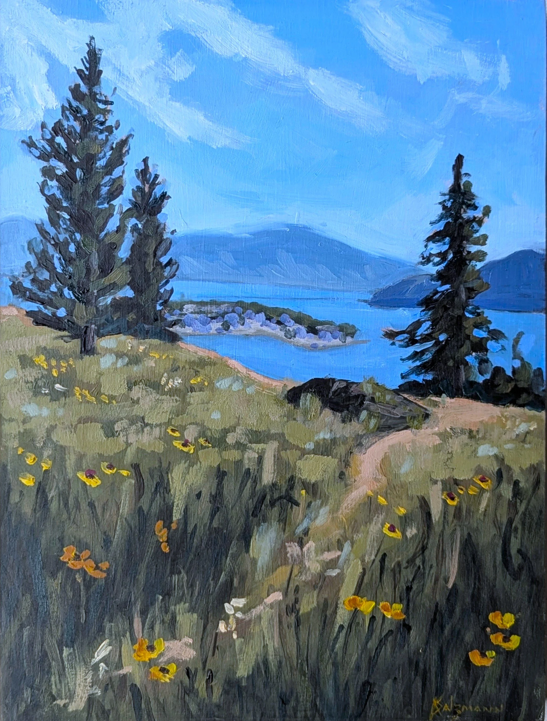 Landscape painting of a coastal scene in Kelowna British Columbia with two tall pine trees in the foreground, a path winding through grassy terrain, rocky shoreline, blue water, and distant mountains under a blue sky with white clouds.