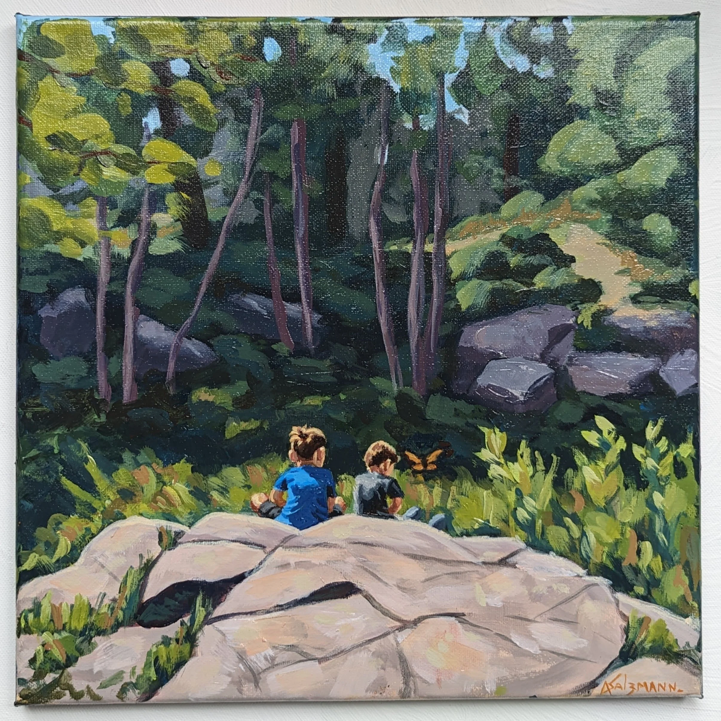 Painting of three children sitting on a sidewalk in front of a lush green park, viewed from behind.