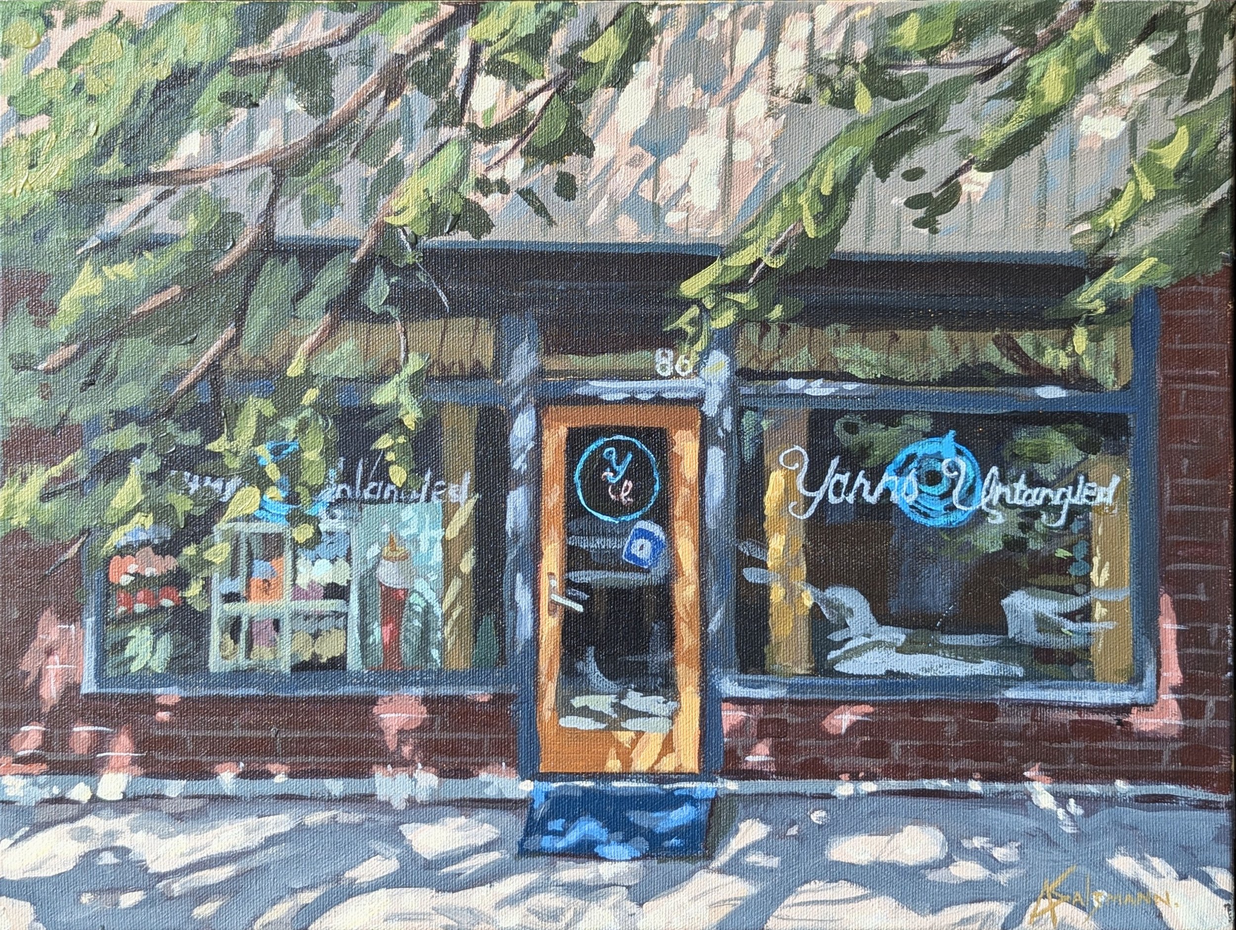 A colorful painting of a storefront with a black awning, colorful signs, greenery, and a brick wall background.